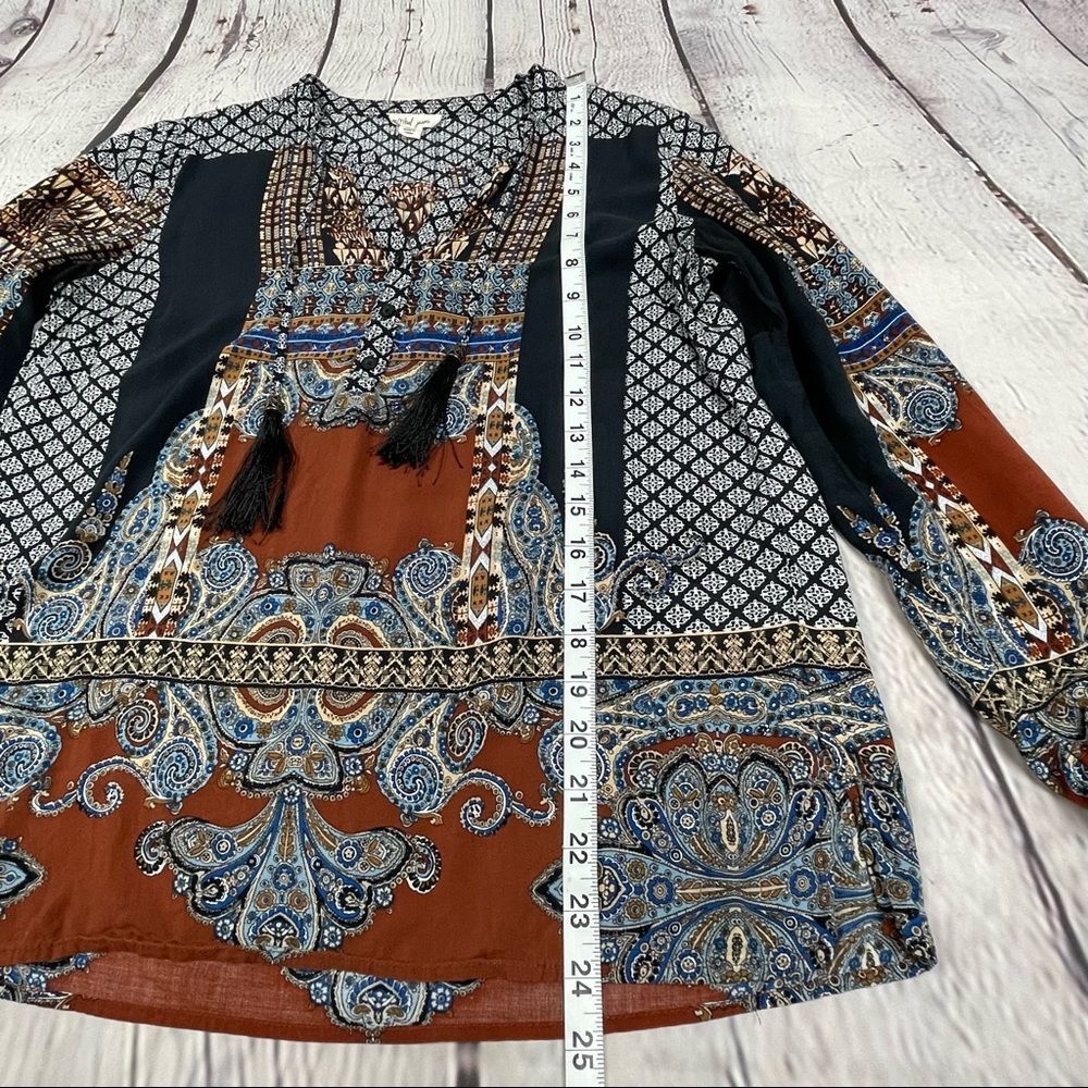 TRIBAL JEANS women's longsleeve top boho mixed print tassel peasant style size S - Picture 9 of 11